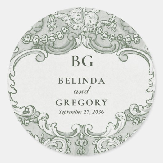 Klassieke Botanische Groene Tuin Bruiloft Thema Ronde Sticker (Voorkant)