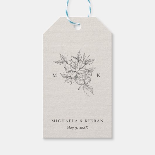 Klassieke botanische monogram bruiloft cadeaulabel (Voorkant)