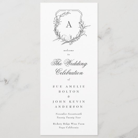 Klassieke botanische monogrammed de bruiloft crest programmakaart (Achterkant)