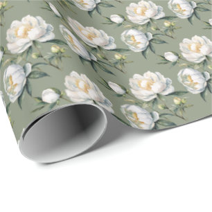 Klassieke botanische pioenroos saliegroene naadloz cadeaupapier