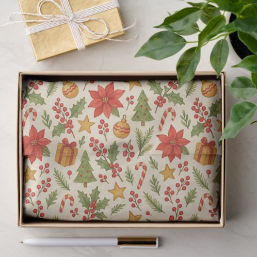 Klassieke Botanische Poinsettia Floral Art Pattern Tissuepapier (Geschenk)