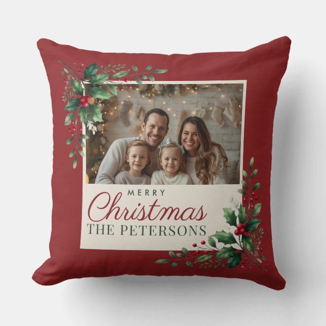 Klassieke botanische rode aangepaste foto Kerstmis Kussen (Voorkant)