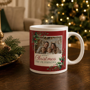 Klassieke botanische rode kerst met aangepaste fot grote koffiekop