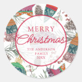 Klassieke botanische rode kerstgroet ronde sticker (Voorkant)