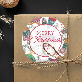 Klassieke botanische rode kerstgroet ronde sticker