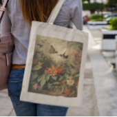 Klassieke botanische scène van kolibries en bloeme tote bag
