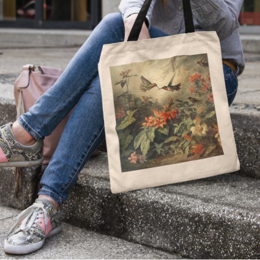 Klassieke botanische scène van kolibries en bloeme tote bag