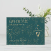 Klassieke BOTANISCHE TEAL GOUDEN Huwelijk Save The Date (Staand voorkant)