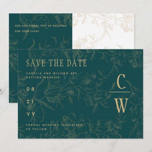 Klassieke BOTANISCHE TEAL GOUDEN Huwelijk Save The Date (Voorkant / Achterkant)