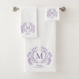 Klassieke Botanische Violet Floral Crest Monogram Bad Handdoek