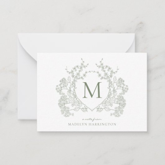 Klassieke Botanische Wijze Groene Bloemen Kam Mono Notitiekaartje (Voorkant)