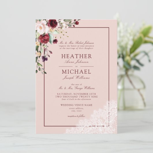 Klassieke Bourgogne Blush Botanische Rustige bruil Kaart (Staand voorkant)