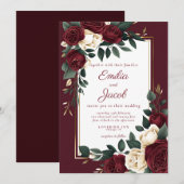 Klassieke Bourgogne White Rose Floral Gold Weddens Kaart (Voorkant / Achterkant)