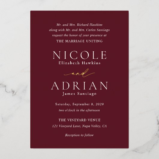 Klassieke Bourgondische elegante bruiloft Folie Uitnodiging (Voorkant)
