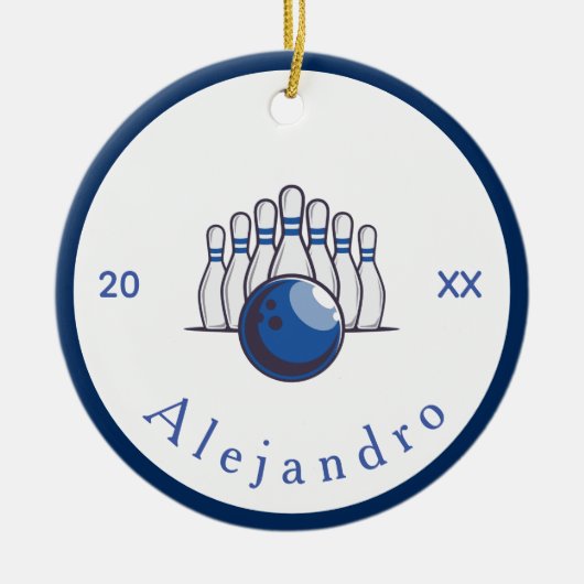 Klassieke Bowling Design Pins & Ball Name & Year Keramisch Ornament (Voorkant)