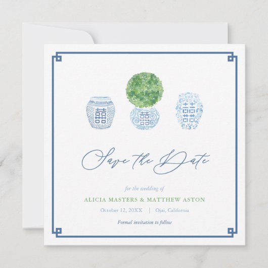 Klassieke Boxwood Ginger Jar Blauw & Groen Bruilof Save The Date (Voorkant)