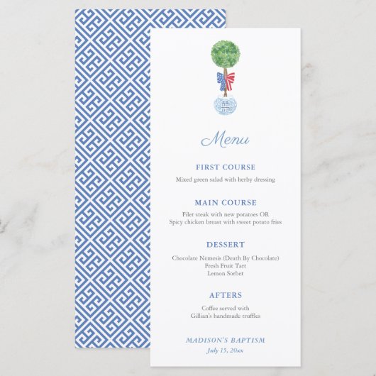 Klassieke Boxwood Topiary Rood Wit Blauw Feest Menu (Voorkant / Achterkant)