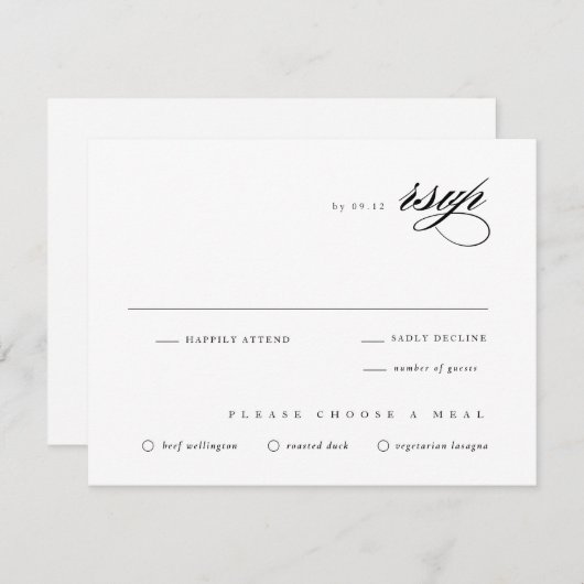 Klassieke bruiloft zwart-wit elegant script RSVP kaartje (Voorkant / Achterkant)