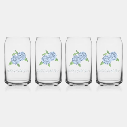 Klassieke bruiloftsdouche met blauwe hortensia in  blikvorm glas (Voorkant)