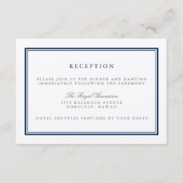 Klassieke bruiloftsreceptie in navy-blauw en wit informatiekaartje