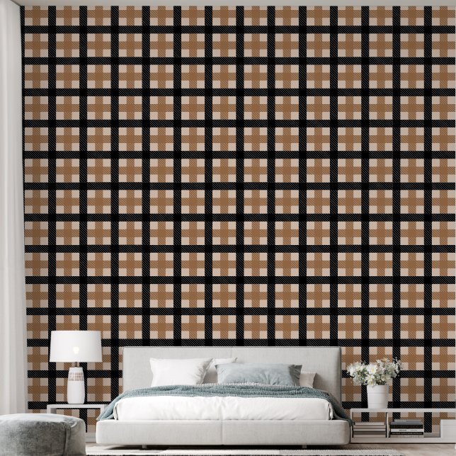 Klassieke bruine en zwarte gestructureerde plaid  behang (Slaapkamer)