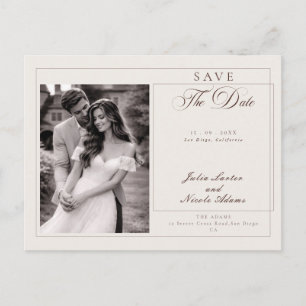 Klassieke bruine kalligrafie foto save the date briefkaart
