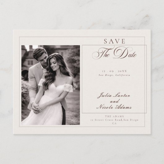 Klassieke bruine kalligrafie foto save the date briefkaart (Voorkant)