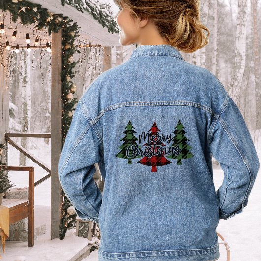 Klassieke Buffel Plaid Vrolijke Kerstbomen Denim Jacket