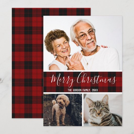 Klassieke buffelplaid grootouders 3 fotocollage feestdagenkaart (Voorkant / Achterkant)