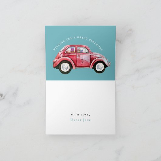 klassieke bug | Blauwe auto met ballonnen | Birthd Kaart (Binnen)