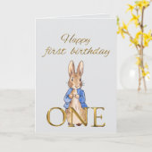 Klassieke Bunny in blauwe jas Kaart (Gele Bloem)