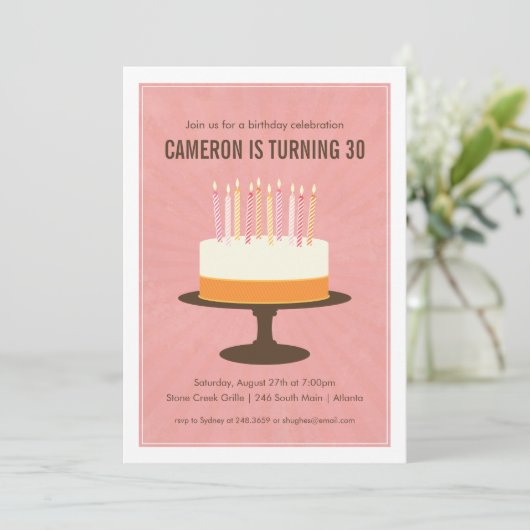 Klassieke Cake Verjaardag uitnodiging in Roze (Staand voorkant)