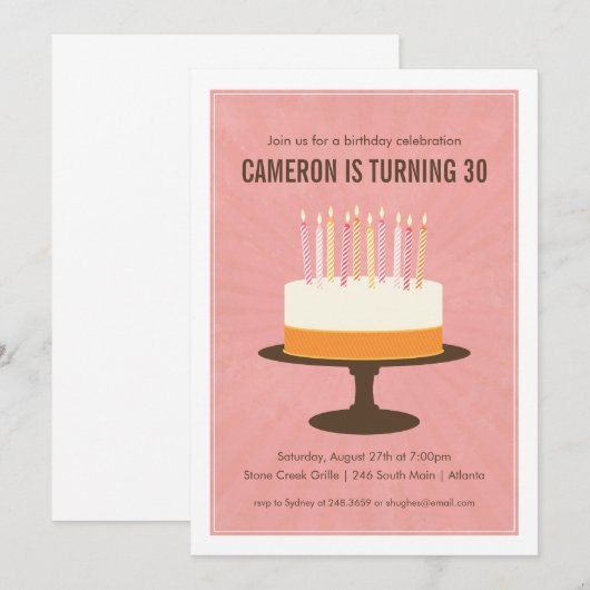 Klassieke Cake Verjaardag uitnodiging in Roze (Voorkant / Achterkant)