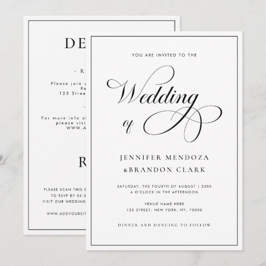 Klassieke Calligrafie Black White All in One Wedde Kaart (Voorkant / Achterkant)