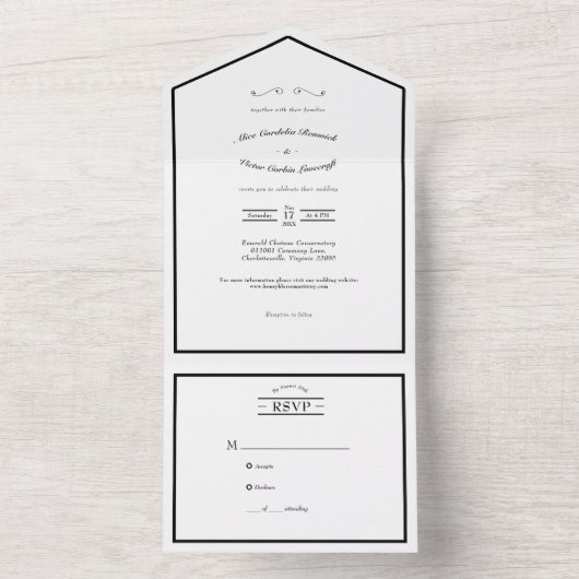 Klassieke Casual zwarte bruiloft All In One Uitnodiging (Binnen)