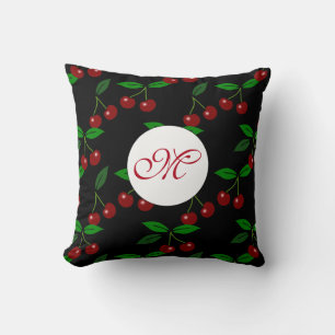 Klassieke Cherry Fruit Leaf Monogram Black Pillow  Kussen