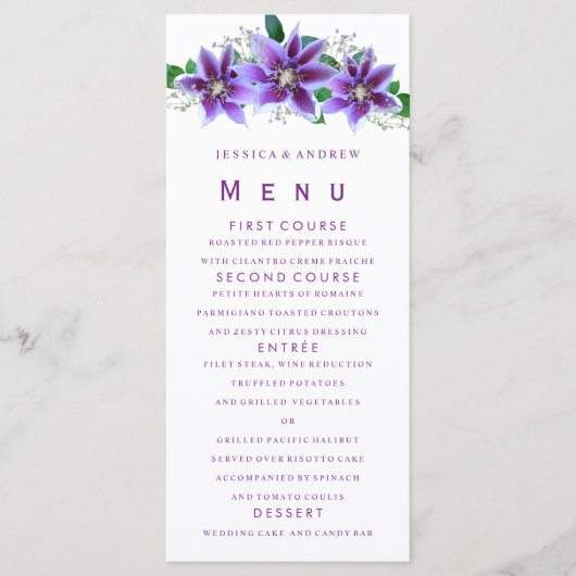 Klassieke Chic Clematis Trouwmenu Menu (Voorkant)