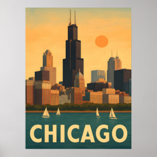 Klassieke Chicago skyline, Michiganmeer zeilboot Poster