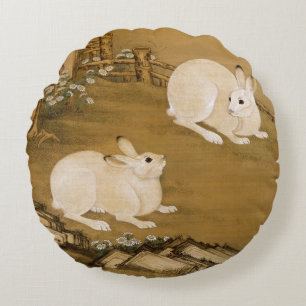 Klassieke Chinese kunst twee witte konijnen schild Rond Kussen