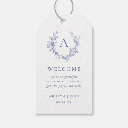 Klassieke Chinoiserie Blauw Monogram Bruiloft Welk Cadeaulabel (Voorkant)