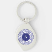 Klassieke Chinoiserie Blauw Wit Patroon Monogram Sleutelhanger (Voorkant)