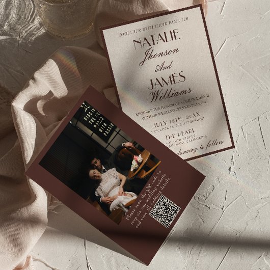 Klassieke Chocoladebruine Fancy Foto QR Code Huwel Kaart