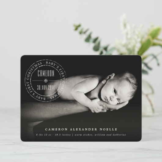 Klassieke cirkel met stempel op de eerste Kerstmis Feestdagenkaart (Staand voorkant)