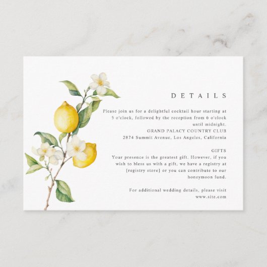 Klassieke Citrus Lemon Summer Wedding Informatiekaartje (Voorkant)
