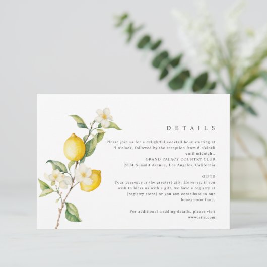 Klassieke Citrus Lemon Summer Wedding Informatiekaartje (Staand voorkant)