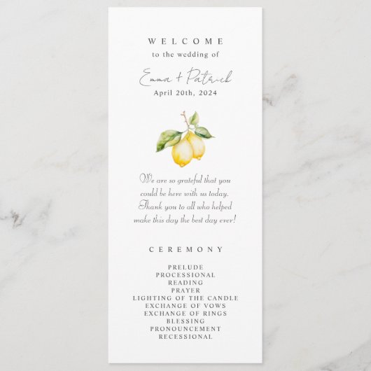 Klassieke Citrus Lemon Summer Wedding Programmakaart (Voorkant)