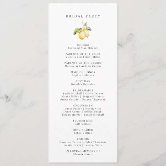 Klassieke Citrus Lemon Summer Wedding Programmakaart (Achterkant)