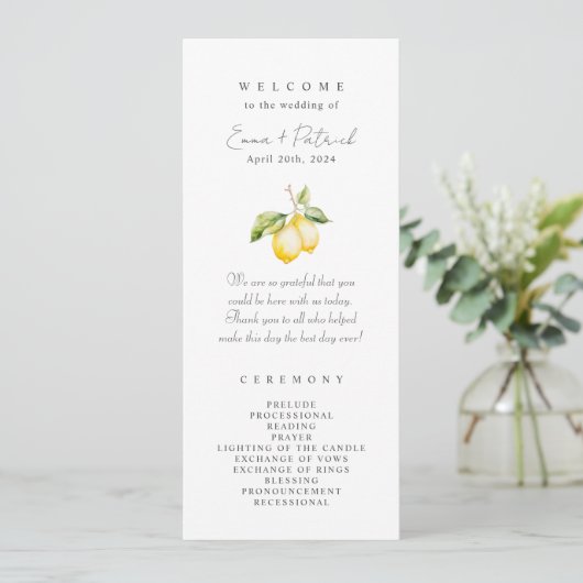 Klassieke Citrus Lemon Summer Wedding Programmakaart (Staand voorkant)