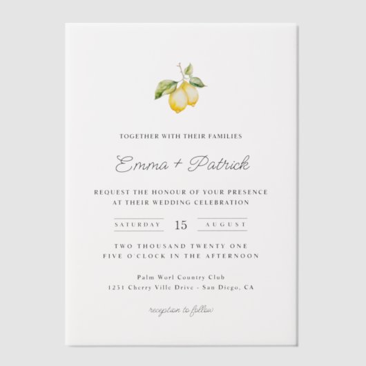 Klassieke Citrus Lemon Summer Wedding Vellum Uitnodigingen (Voorkant)