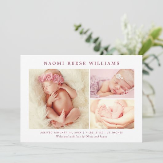 Klassieke Collage Roze Baby Meisje Foto Geboorte Aankondiging (Staand voorkant)